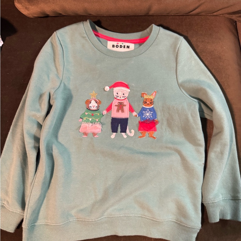 Boden Kids' Teal Festive Animal Sweatshirt
